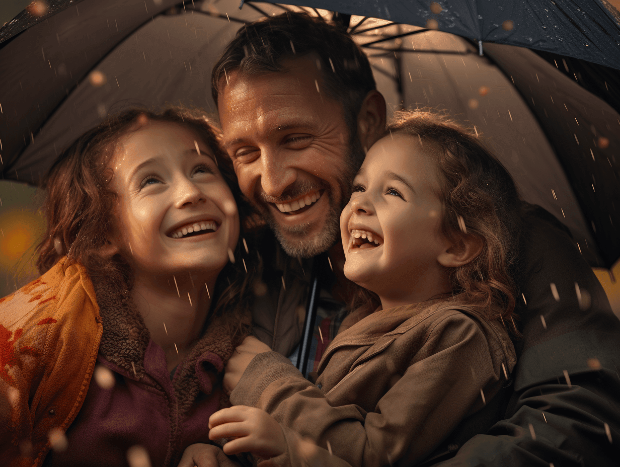 Image of happy family under an umbrella or roof, symbolizing financial protection and security. IA image